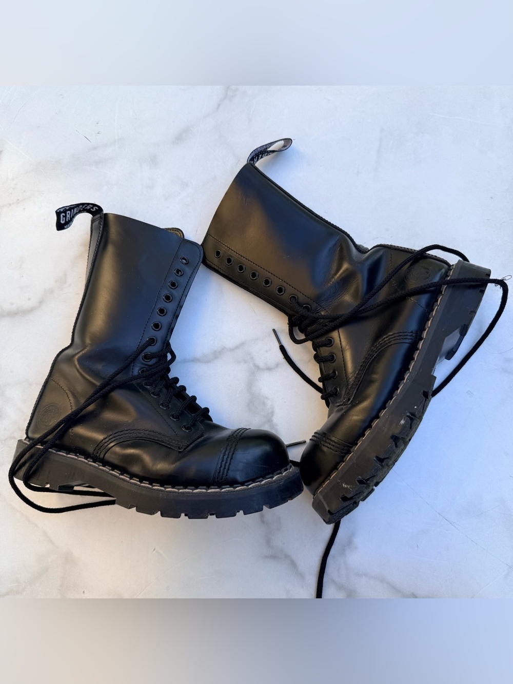 Grinders Made in England  Black Leather Combat Boots Steel Toe Punk Goth Lace Up